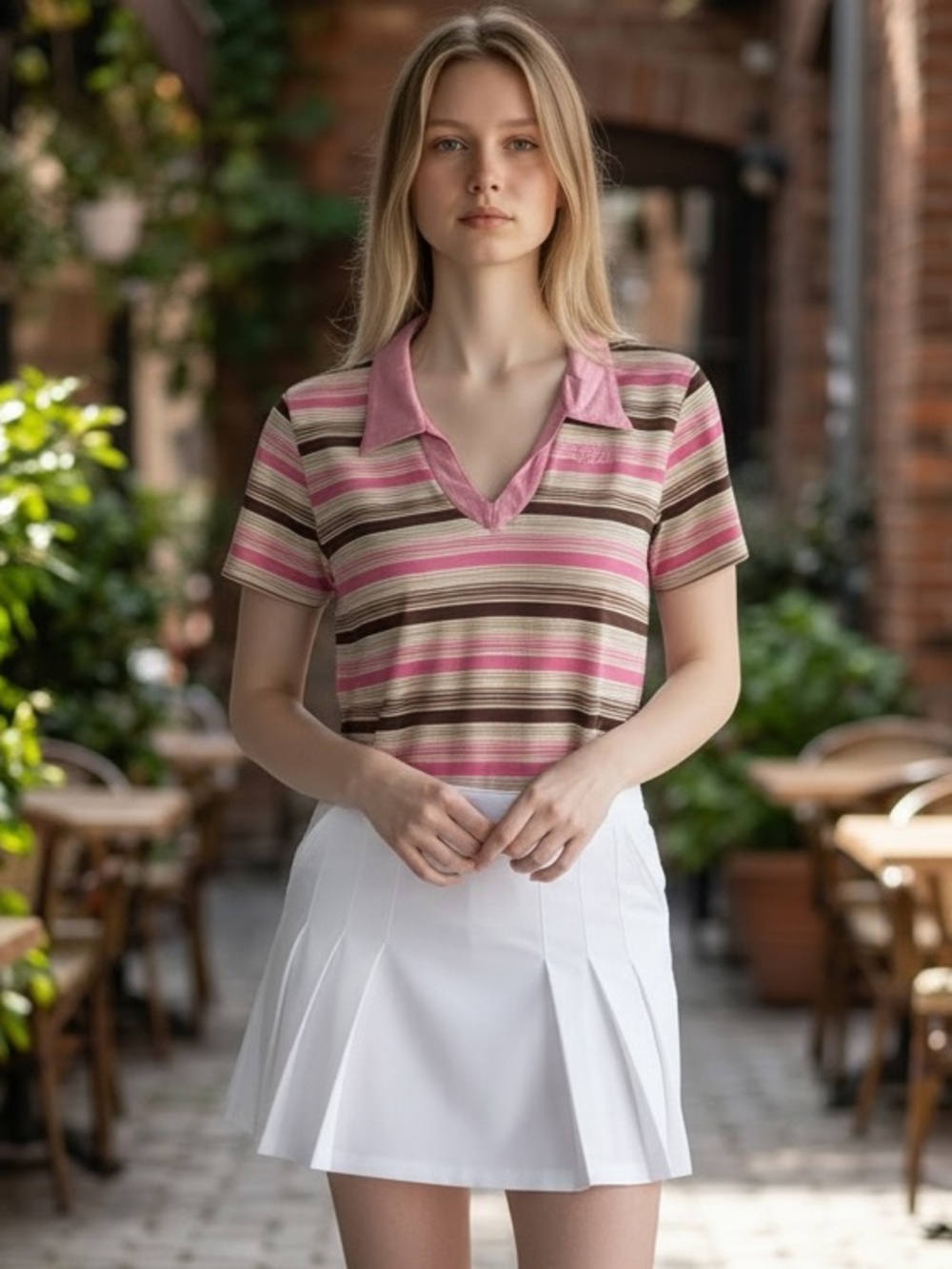LizGolf Striped Pink and Brown Collared Tee - Women's Top US L